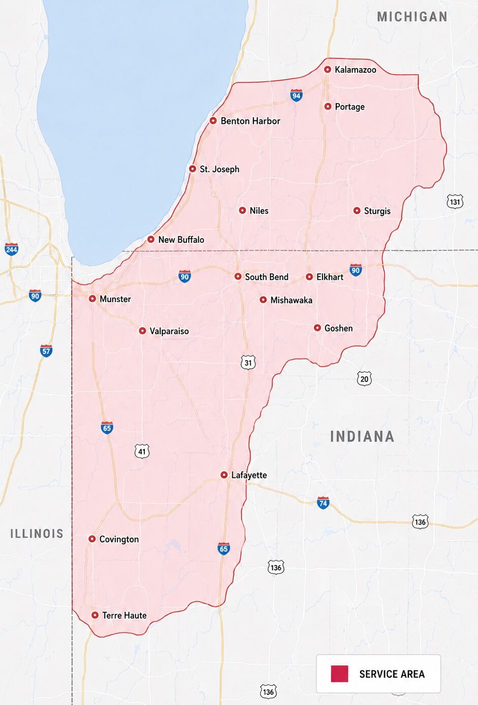 Beverage Town service area map covering northern Indiana and southwest Michigan